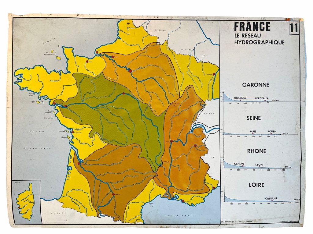 Vintage French Poster School Learning Educational Wall Display Rivers Sea Depth Waterways Learning Map Chart Teaching c1970-80’s / EVE