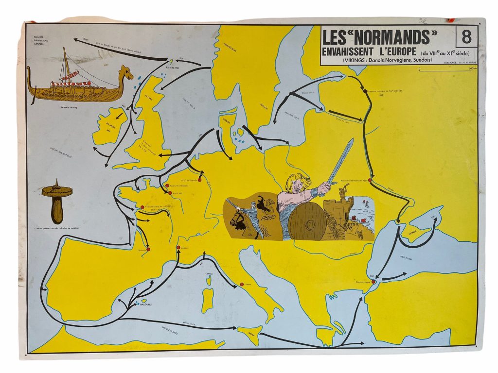 Vintage French Poster School Learning Educational Wall Display The Normans Charlemagne Learning Map Chart Teaching c1970-80’s / EVE