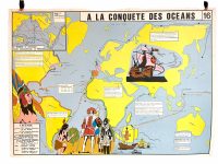 Vintage French Poster School Learning Educational Display Conquest Oceans Cultural Revolution Learning Map Chart Teaching c1970-80's / EVE
