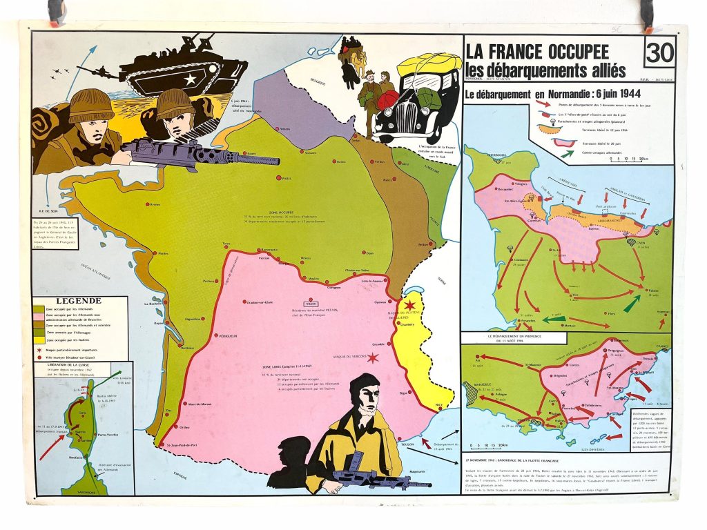 Vintage French Poster School Learning Educational Display Occupied France Allied Landings Second World War Learning Map c1970-80’s / EVE