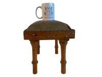 Alternative view of Vintage French Leather Cushion Topped Padded Wooden Brown Natural Wood Small Foot Stool Chair Display Rest Seating c1950-1960's / EVE