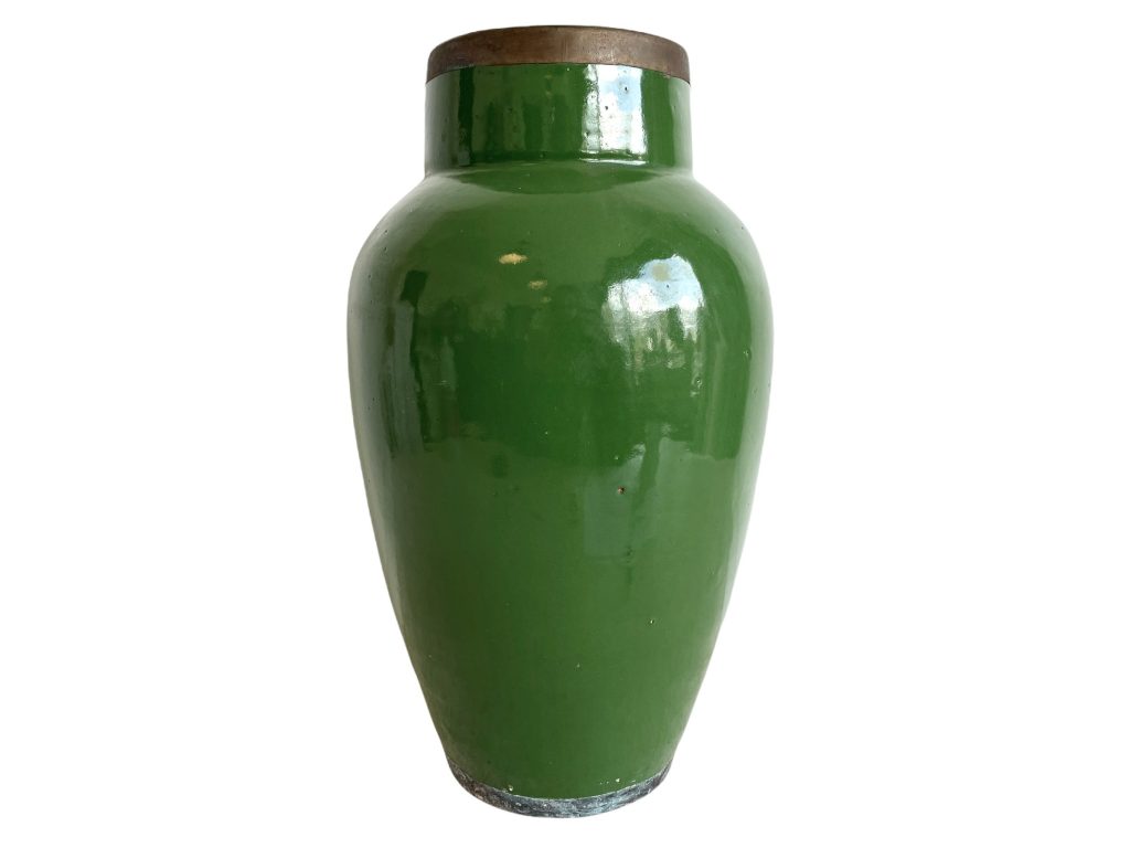 Vintage Thai Asian Green Pottery Pot Jar Vase Ginger Spice Jar Metal Rim Storage Display Prop circa 1960-70’s / EVE