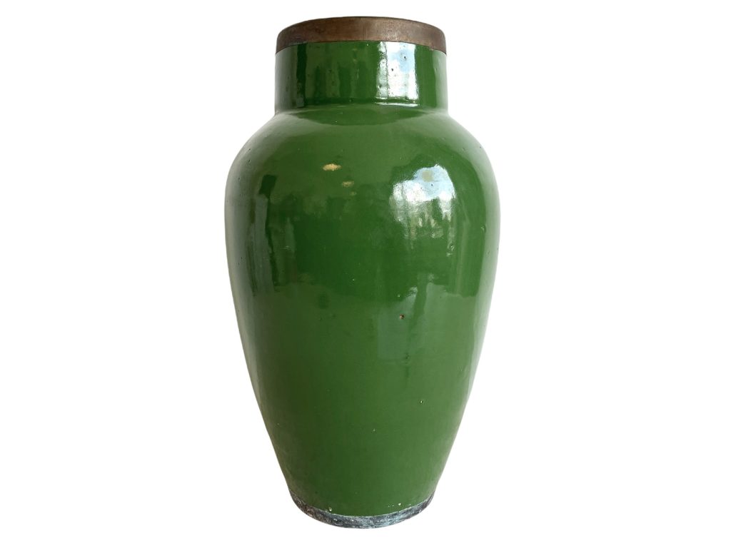 Vintage Thai Asian Green Pottery Pot Jar Vase Ginger Spice Jar Metal Rim Storage Display Prop circa 1960-70's / EVE