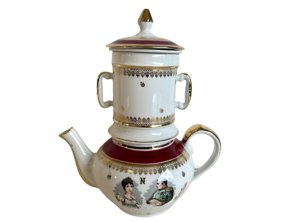 Vintage French Napoleon Portrait Porcelain Ceramic White Gold Red Flowers Tea Pot Teapot Container Storage Prop c1950-60’s / EVE