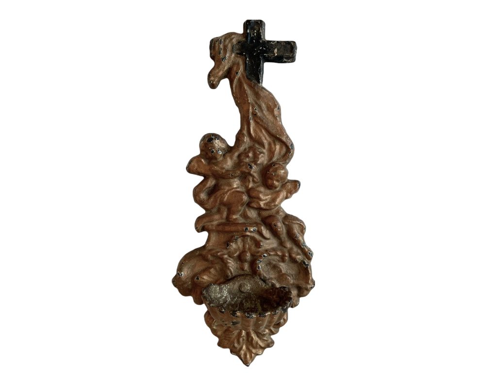 Antique French Iron Metal Holy Cross Angels Cherubs Christ Water Blessing Font Patina Catholic Church Chapel Religious Symbol c1900's / EVE