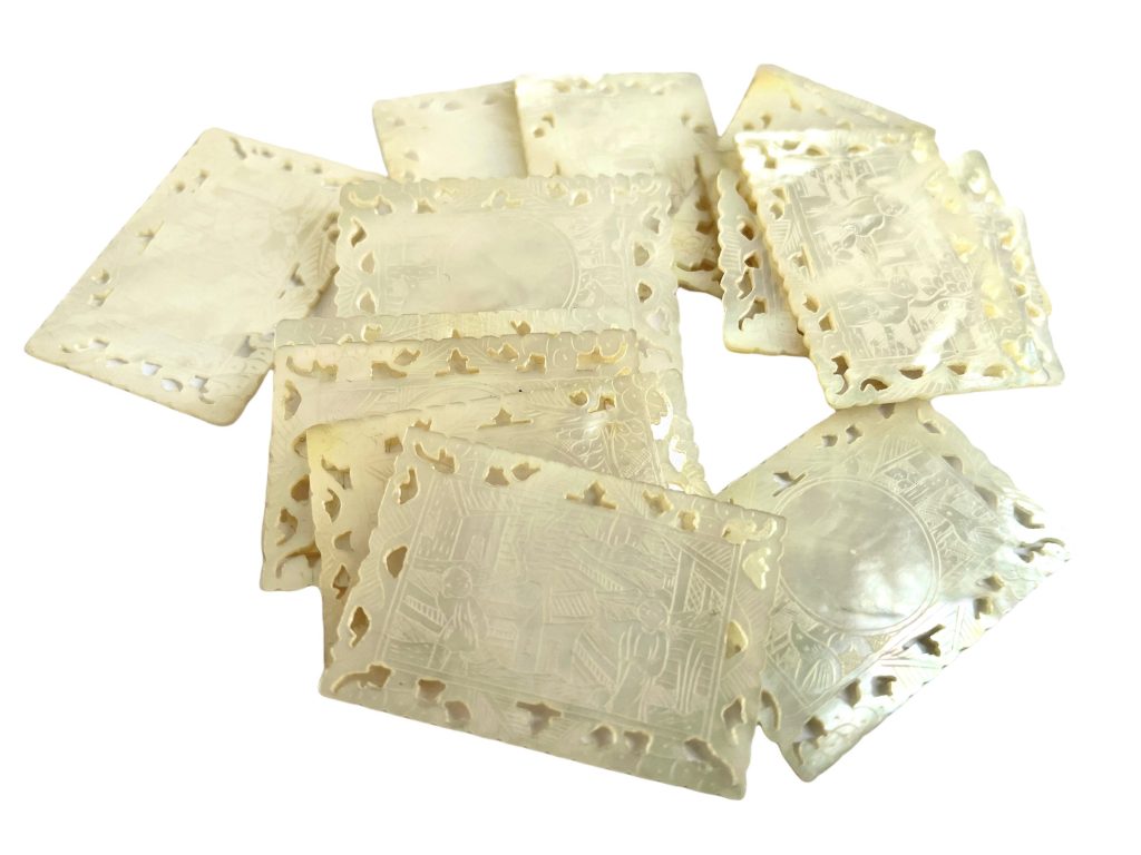 Antique Chinese INDIVIDUAL Mother Of Pearl Lattice Edged Rectangle Gaming Chip Counter Token Hand Carved Engraved circa 1800-1850's / EVE
