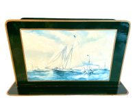 Vintage French Green Metal Letter Menu Document Desk Stand Display Holder Storage File Filing Sailing Boats circa 1960-70's