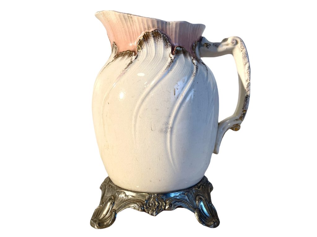 Antique German Villeroy & Boch Ceramic Pink White Gold Water Milk Lemonade Jug Pitcher Serving Display On Metal Stand c1920’s