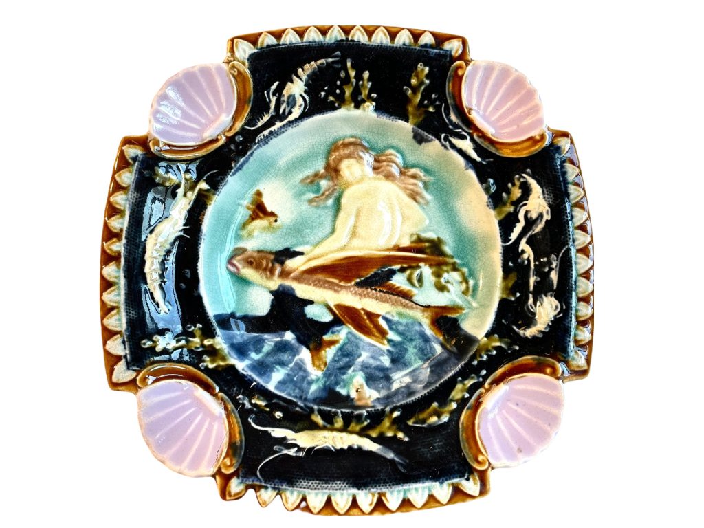 Antique French Square Majolica Mermaid Shells Hand Painted Bowl Dish Plate Stoneware Blue Pink Serving Plate Wall Hanging c1880’s