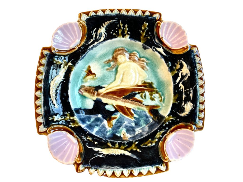 Antique French Square Majolica Mermaid Shells Hand Painted Bowl Dish Plate Stoneware Blue Pink Serving Plate Wall Hanging c1880's
