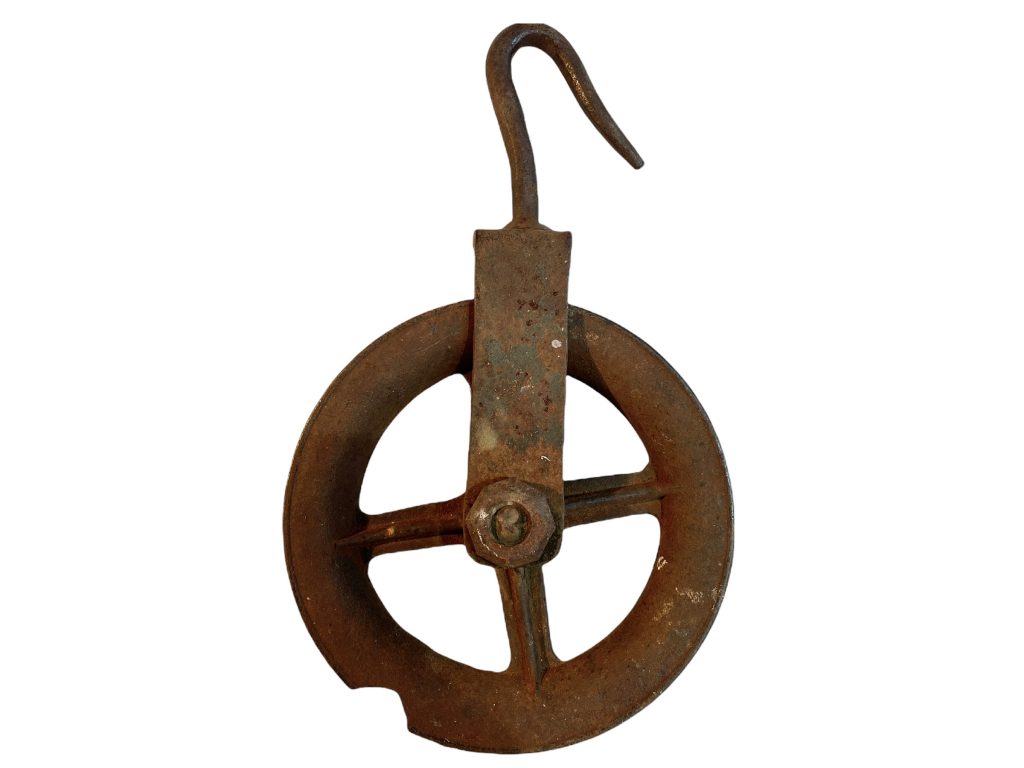 Vintage French Well Farm Barn Industrial Rope Pulley Wheel Iron Metal Large circa 1930-50’s