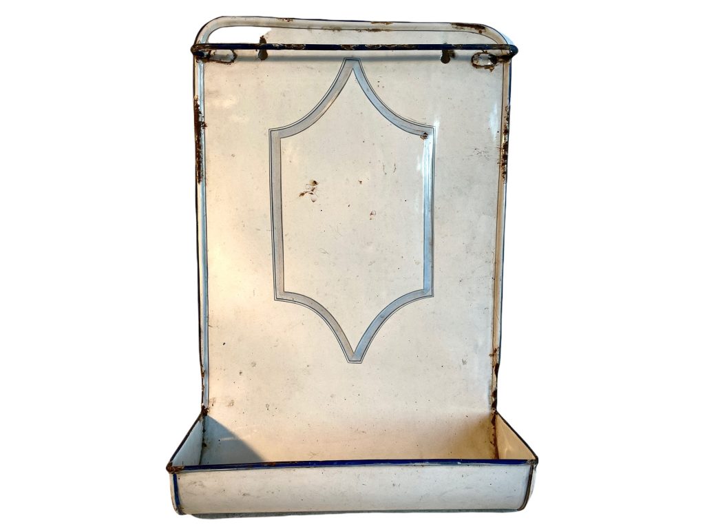 Vintage French White Blue Rusty Metal Spoon Tool Hanging Rack Kitchen Storage Display Drip Tray Wall Hanger c1940-50’s