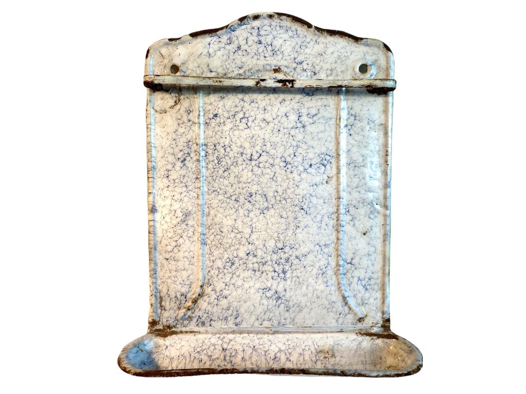 Vintage French White Blue Rusty Metal Spoon Tool Hanging Rack Kitchen Storage Display Drip Tray Wall Hanger c1940-50's