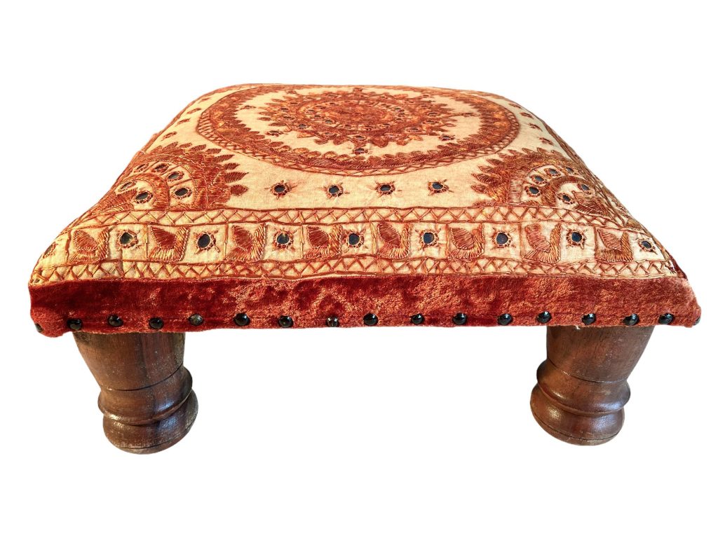 Vintage Indian Stool Wooden Mirror Sequins Bench Seat Footrest Foot Rest Small Table Stand Display circa 1980-90's