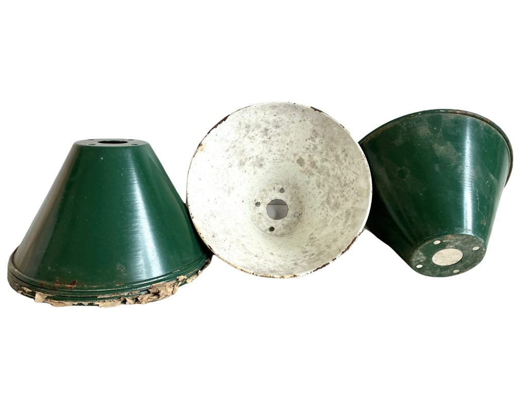 Vintage French Green White Enamel Industrial Commercial Small Hanging Lamp Light Shade Lampshade circa 1950-60’s