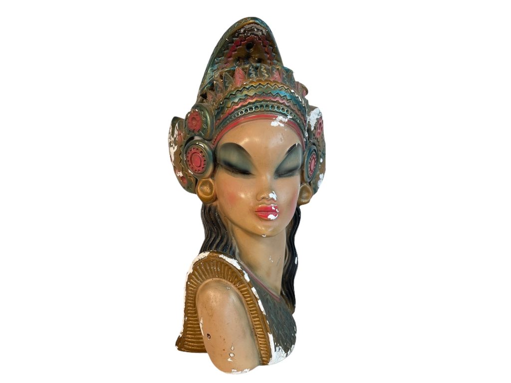 Vintage Balinese Woman With Long Hair Decorative Plaster Lamp Stand Base Light Ornament Statue Figurine Asian c1950-60’s