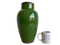 Alternative view of Vintage Thai Asian Green Pottery Pot Jar Vase Ginger Spice Jar Metal Rim Storage Display Prop circa 1960-70's / EVE