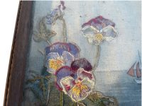 Alternative view of Antique French Glass Covered Serving Tray Dish Platter Decorative Table Flower Sailboat Embroidery Painted Fabric circa 1910-20's