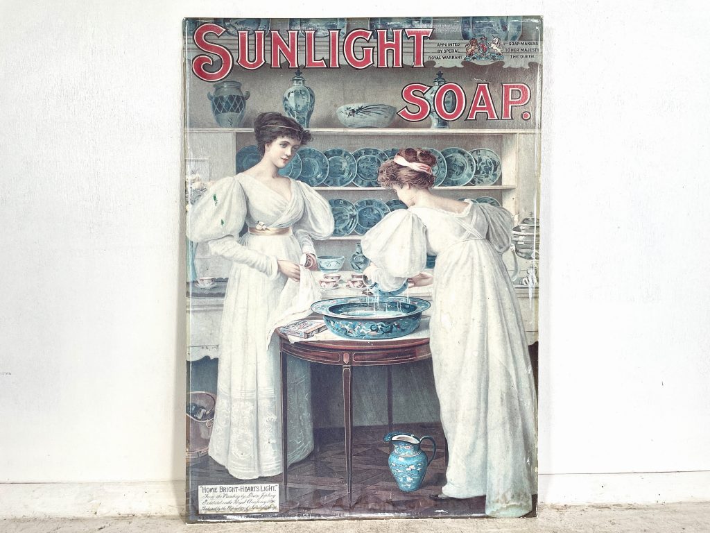 Vintage English Sunlight Soap Reproduction Advertising Print On Hardboard Wood Backing wall hanging picture circa 1980’s