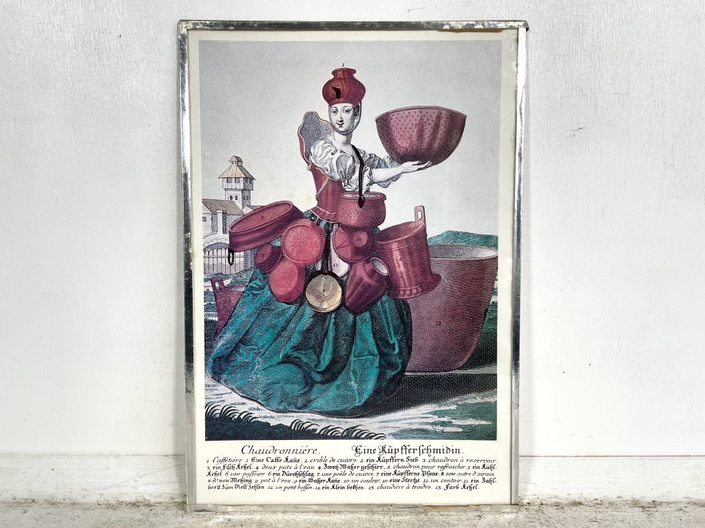 Vintage French German Basket Seller Woman Reproduction Print Glass Fronted wall hanging picture circa 1980’s 3
