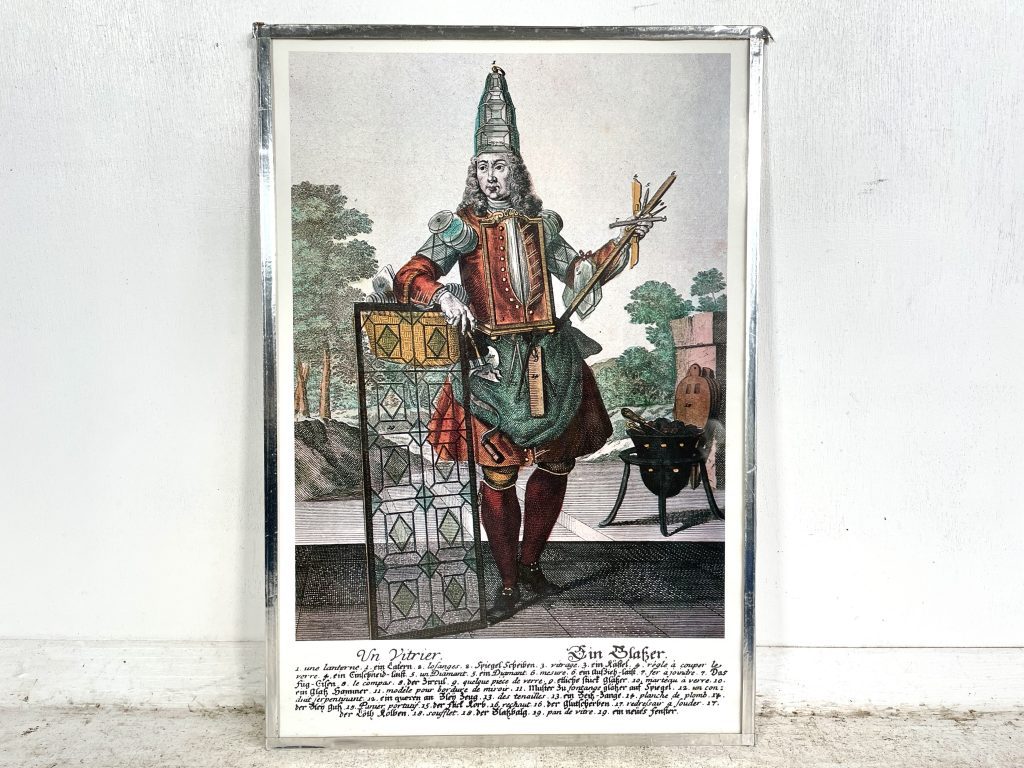 Vintage French German Window Seller Man Reproduction Print Glass Fronted wall hanging picture circa 1980’s