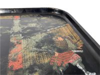 Alternative view of Vintage Asian Chinese Japanese Lacquered Wood Black Serving Lap Tray With Worn Samurai Warrior Ghengis Khan Decor c1940-50's