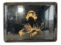 Vintage Asian Japanese Black Serving Lap Tray With Worn Geisha Lady Woman Decor c1960-70's