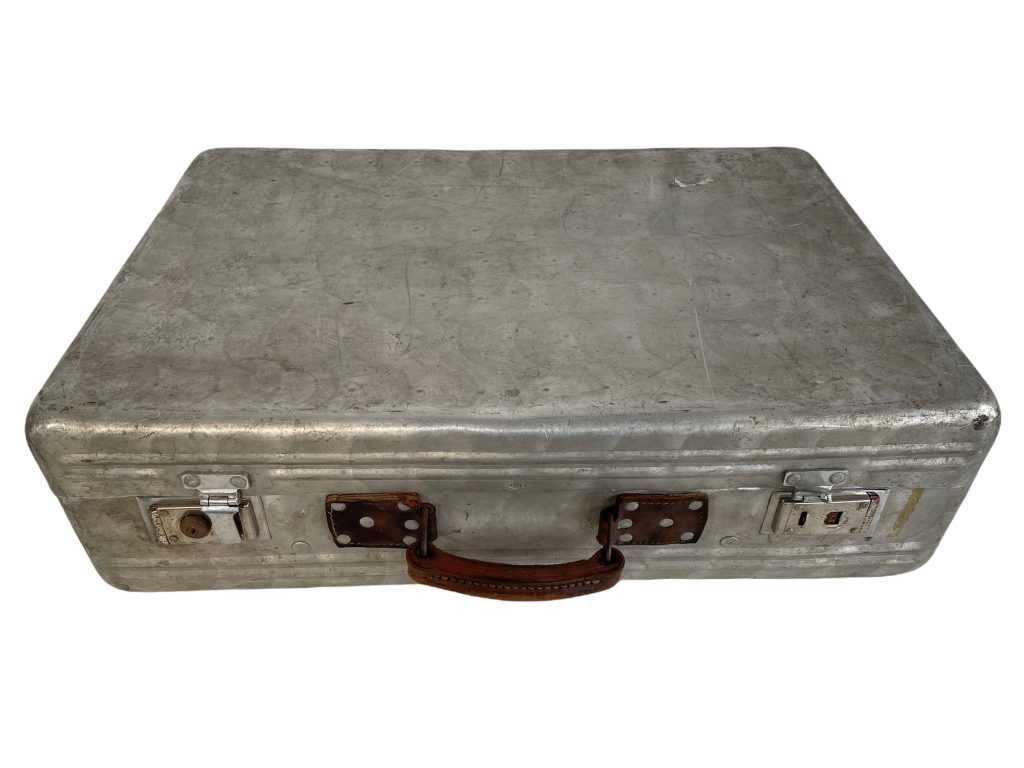 Vintage French Metal Aluminium Suitcase Travel Hard Protective Case bag storage display prop damaged circa 1960-70's