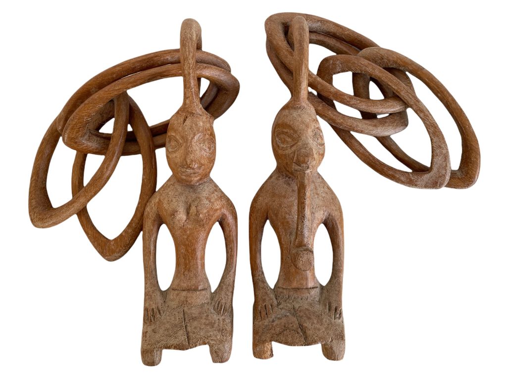 Vintage African Woman Man Wood Wooden Decorative Ornament Figurine Decorative Chain Africa Art Sculpture Fertility circa 1970-80’s