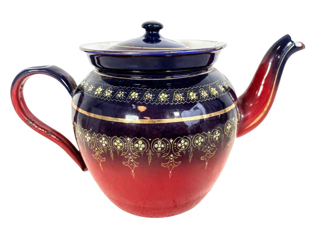 Vintage French Red Blue Metal Enamel Coffee Tea Hot Chocolate Pot Teapot Gold Decor circa 1930-50’s