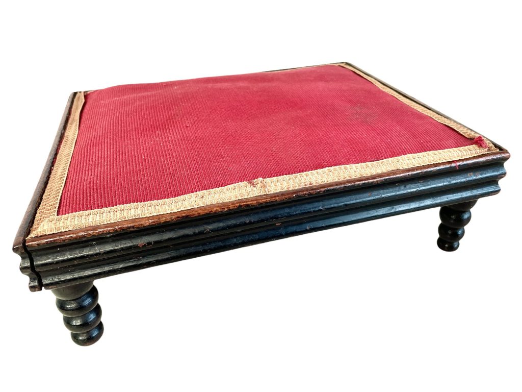 Antique French Small Wooden Brown Rose Red Padded Cushioned Footrest Foot Rest Stool Natural Wood Worn Wear c1910-20's