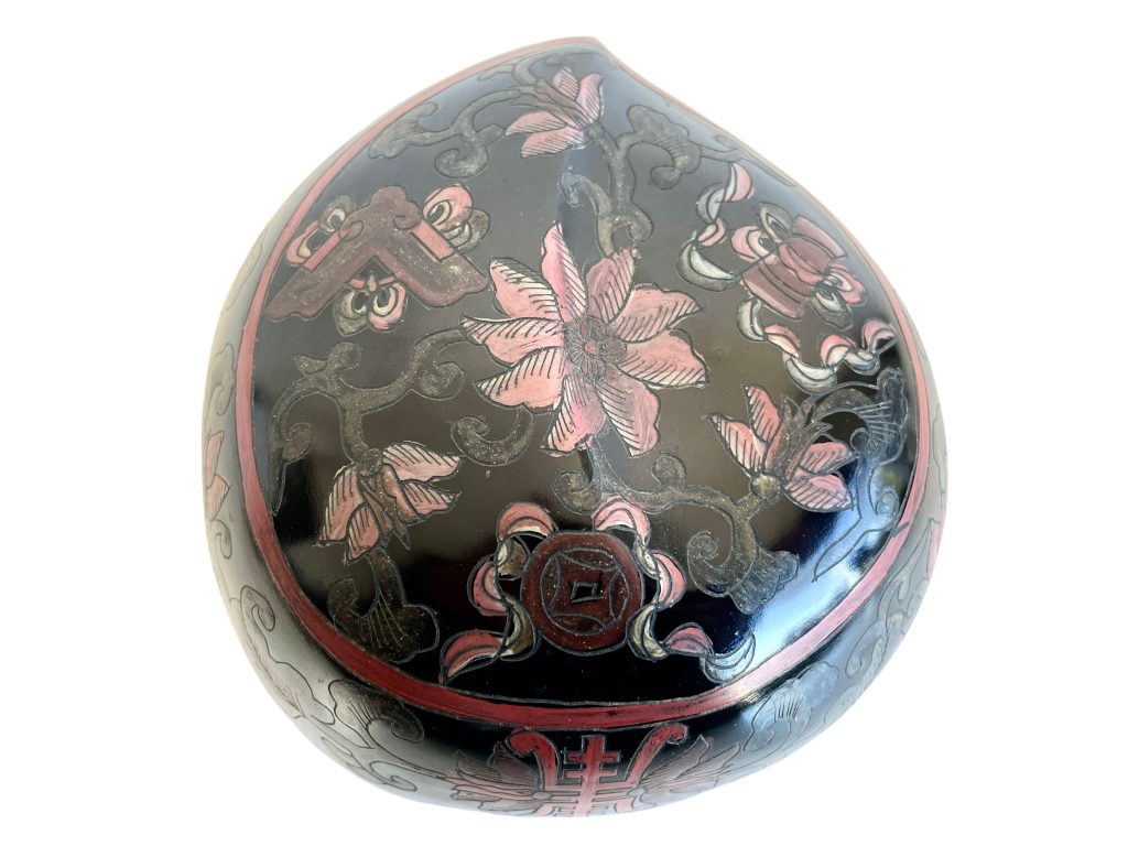 Vintage Asian Chinese Heavens & Eternal Life Peach Black Lacquer Storage Box Dish Bowl Platter Decorative Table circa 1950-60’s