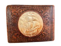 Vintage French Embossed Leather Sailing Boat Storage Box Tobacco Jewellery Knick Knacks Jewelry Case Display Table circa 1950-60's