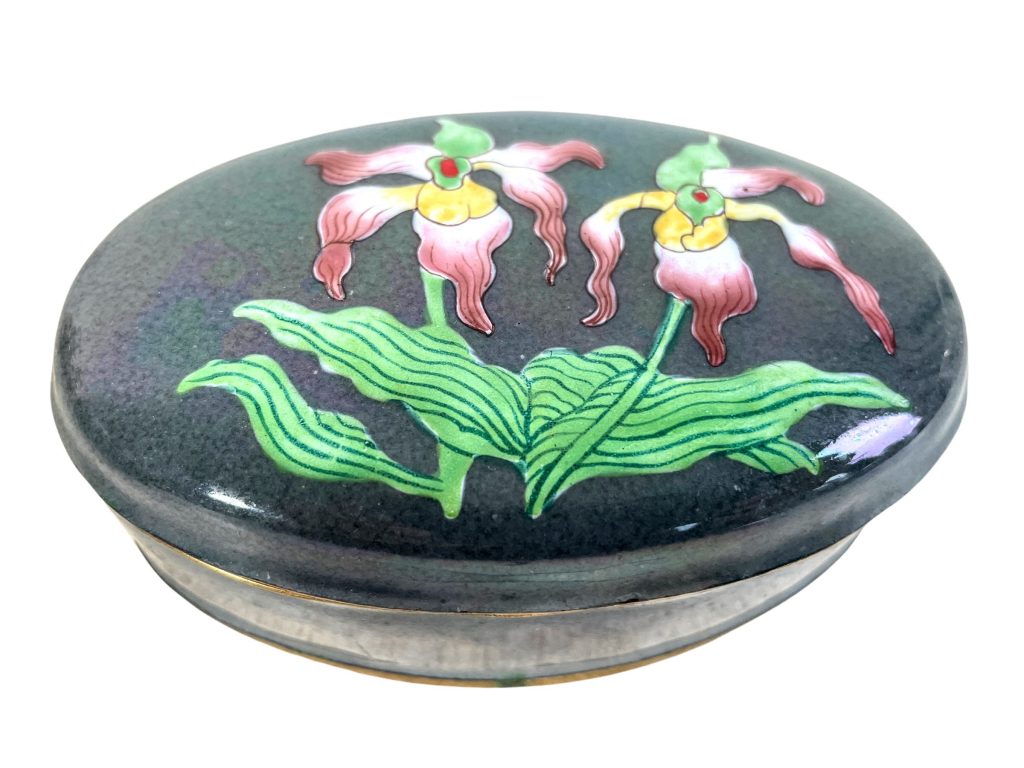 Vintage Chinese Asian Small Brass Pot Container Painted Enamel Flower Jewelry Jewellery Catch All Storage Box circa 1960-70’s