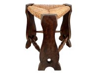 Vintage Rattan Stool French Wooden Wicker Brown Wood Woven Raffia Low Small Chair Seating String Woven Plinth Stand Pot c1960-70's