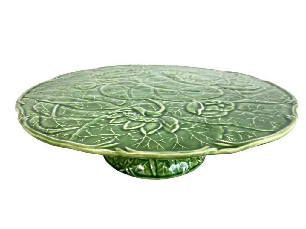 Vintage Portugese Green Lotus Flower Afternoon Tea Cake Sandwich Platter Plate On Foot Ceramic Dish Serving circa 1970-80’s