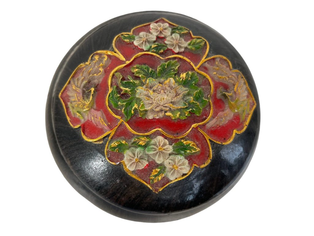 Vintage Asian Chinese Black Lacquer Small Storage Box Dish Bowl Phoenix Birds Flowers Jewellery Ring circa 1950-60’s