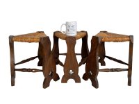 Alternative view of Vintage Rattan Stool French Wooden Wicker Brown Wood Woven Raffia Low Small Chair Seating String Woven Plinth Stand Pot c1960-70's