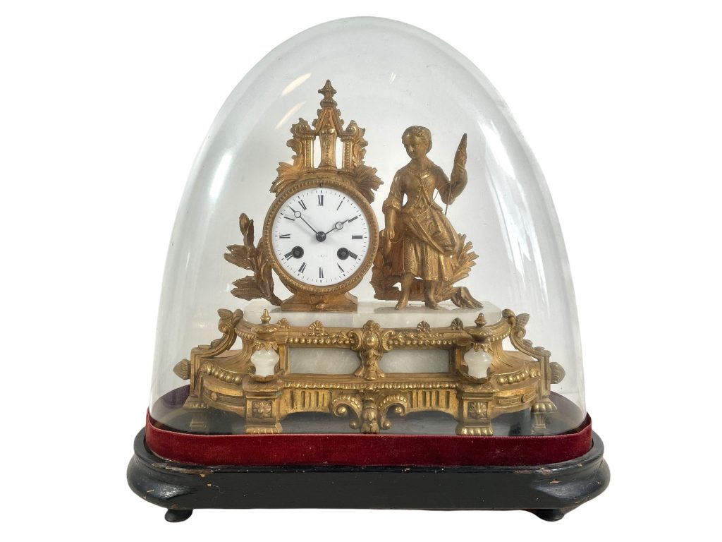 Antique French Gilded Gilt Bronze Rococo Style Clock Timepiece Wind Up Chateau Under Glass Dome Mantlepiece Working With Key c1850-70s / EVE