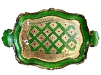 Vintage Italian Florentine Florence Green Gold Wood Ornately Decorated Small Serving Lap Tray Handled Decoration c1980-90's / EVE