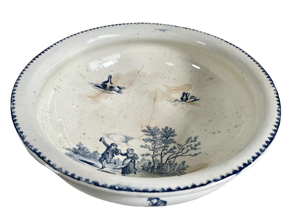 Antique French Large Ceramic Blue White Transferware Serving Bowl Dish Plate Stoneware Country Rustic Scene Decor c1900’s / EVE