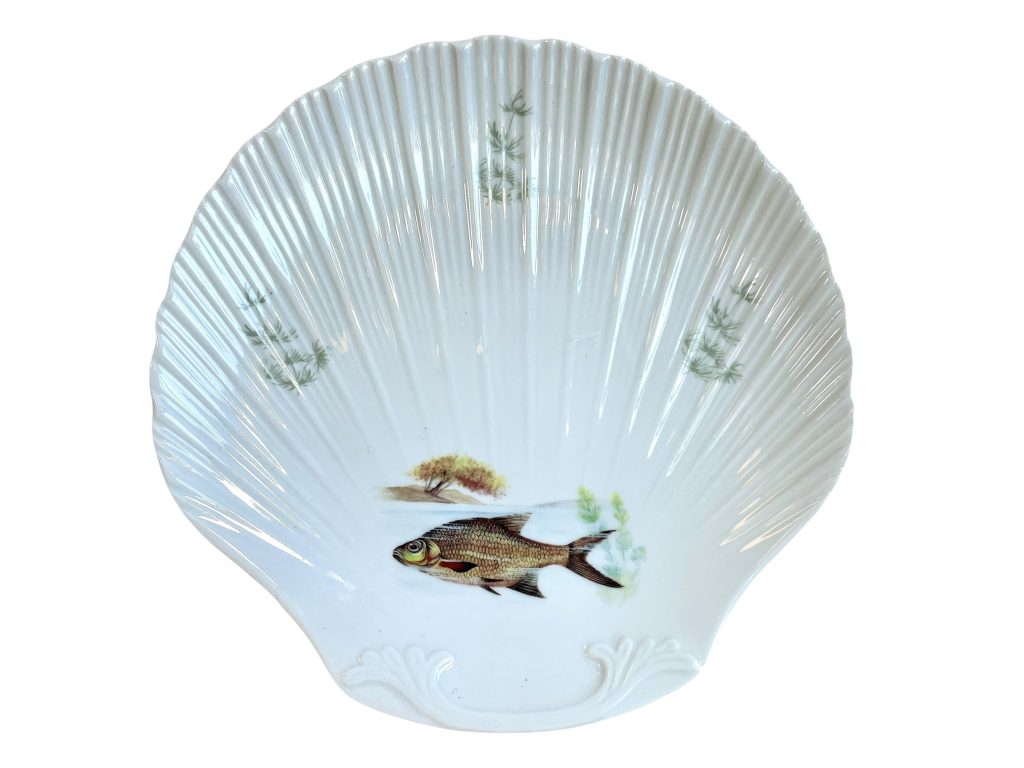 Vintage French Porcelain Shell Shaped Fish Decorated White Dinner Plates Plate Ceramic Large SOLD INDIVIDUALLY circa 1970-80’s / EVE