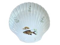 Vintage French Porcelain Shell Shaped Fish Decorated White Dinner Plates Plate Ceramic Large SOLD INDIVIDUALLY circa 1970-80's / EVE
