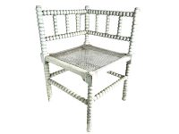 Antique French White Wooden Brown Wood Woven Cane Work Bobbin Corner Chair Stand Display Rest Plinth Seating Tabouret c1910-1920's / EVE