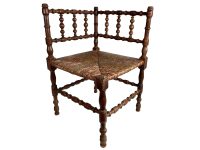 Vintage French Wooden Brown Wood Woven Raffia Work Bobbin Corner Chair Stand Display Rest Plinth Seating Tabouret c1930-1940's / EVE