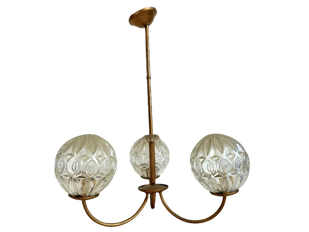 Vintage French Metal Circular Glass Globe Shaped Triple Ceiling Pendant Electric Lamp Light Lighting Gold Tarnish Patina c1960-70’s / EVE