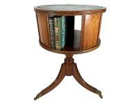 Antique French Large Revolving Library Table Desk With Leather Top Damage & Wear Wheels Pedestal Portable circa 1910-30's / EVE