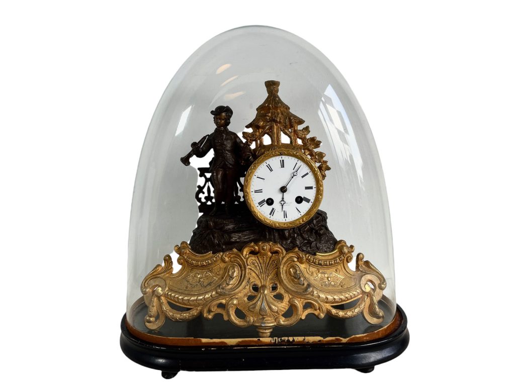 Antique French Gilded Spelter Clock Timepiece Wind Up Napoleon III Chateau Under Glass Dome Mantlepiece Untested No Key c1855 / EVE