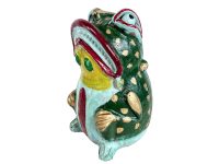 Vintage Terracotta Large Green Blue Gold Frog Piggy Bank Ornament Handmade Unusual Oddity Decor Design Froggy Freddy c1960-70's / EVE