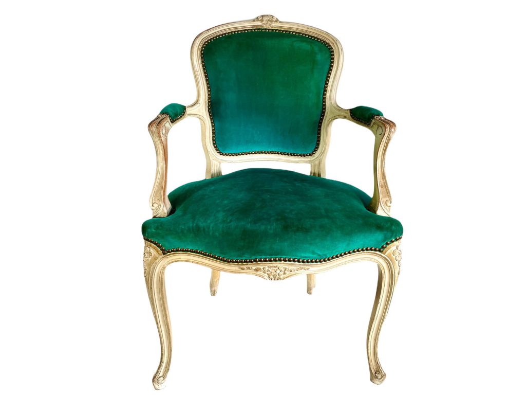 Antique French Wooden Aqua Green Emerald Louis XV Style Hand Floral Carved Maple Chair Seating Velvet Cushioned Design c1850’s / EVE